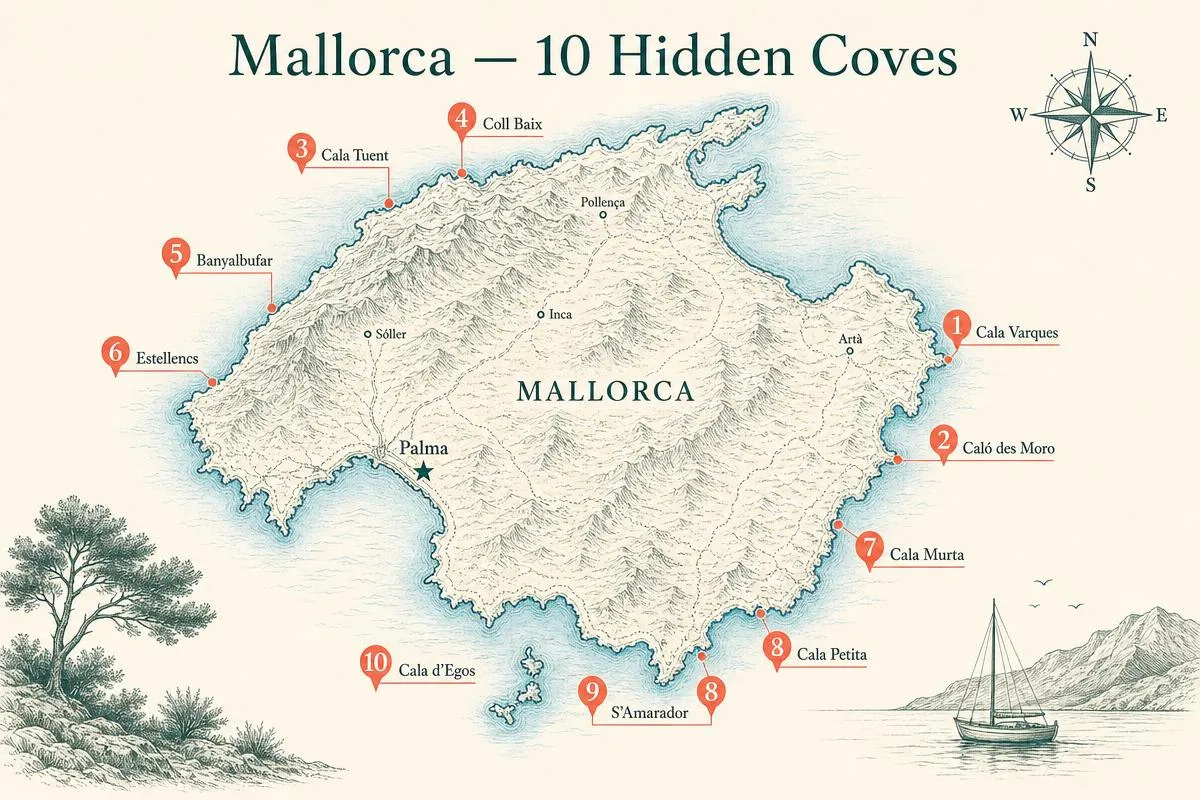 Übersichtskarte: Zehn versteckte Buchten rund um Mallorca — von Cala Varques im Osten bis Cala d'Egos an der Südwestküste.