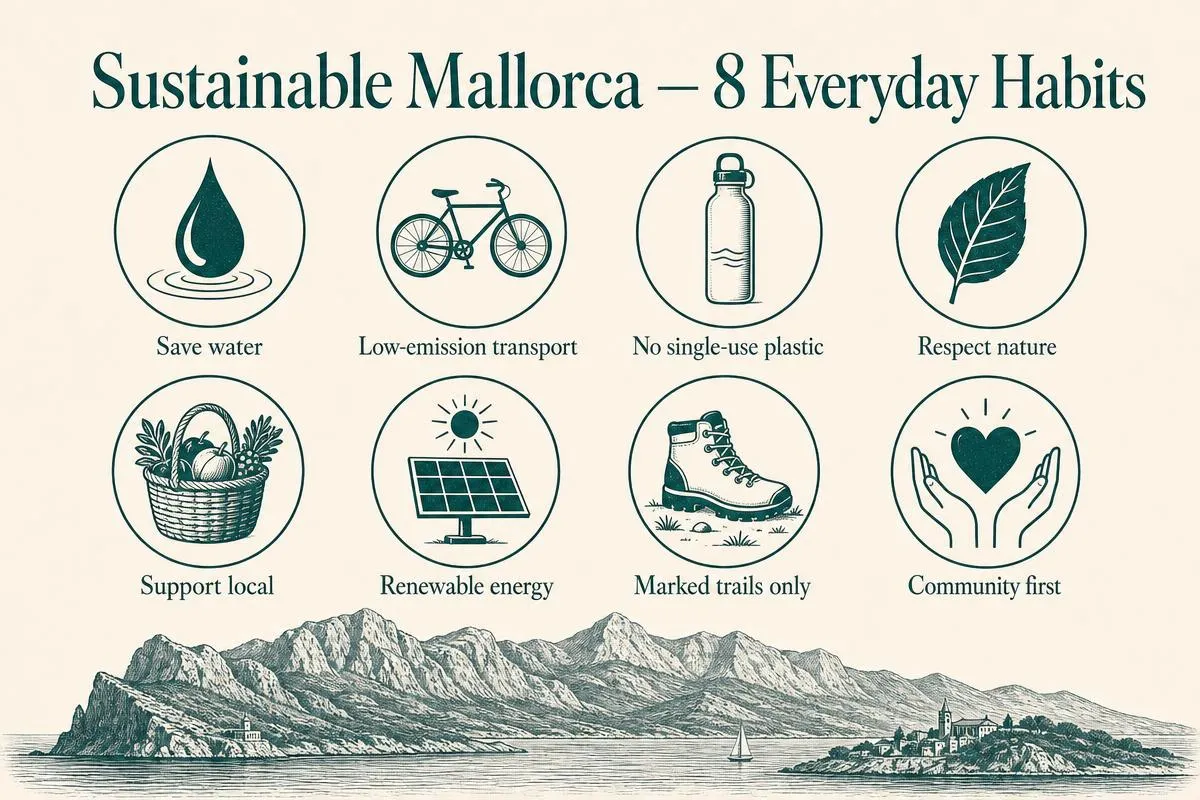 Acht einfache Alltagsgewohnheiten, mit denen Reisende und Bewohner Mallorca schützen — von Wassersparen bis zur Nutzung öffentlicher Verkehrsmittel.