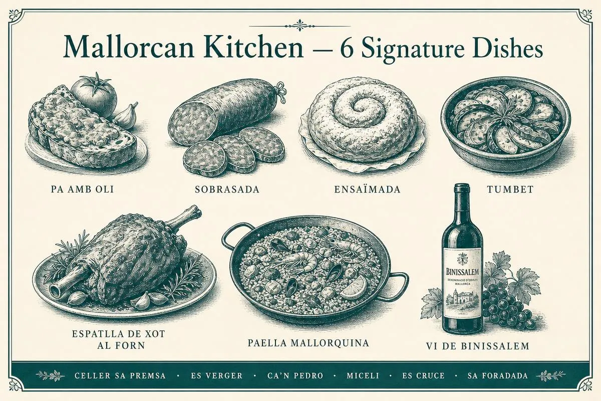 Die Klassiker der mallorquinischen Küche — Pa amb Oli, Sobrasada, Ensaïmada, Tumbet, Lammschulter und Paella Mixta — und die sechs Restaurants, in denen sie ihre beste Form erreichen.