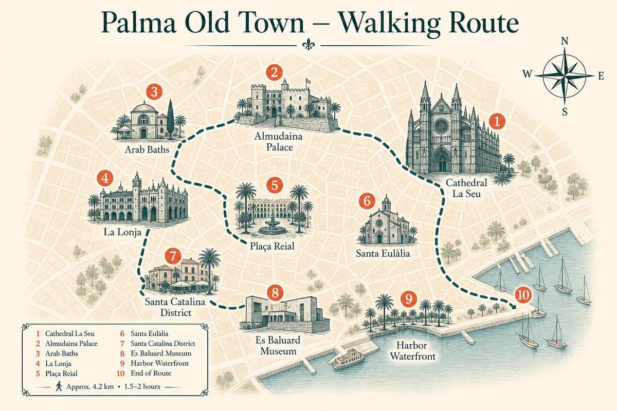 Illustrierter Rundgang durch die Altstadt von Palma — zehn Highlights vom Paseo Marítimo über die Kathedrale bis nach Santa Catalina.